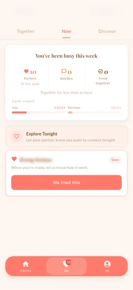 Now tab showing tonight's connection prompt and weekly activity summary