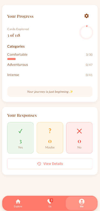 Progress dashboard showing cards explored and response breakdown